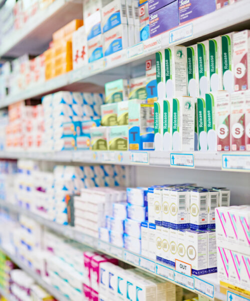 Pharmaceutical products on a store shelf