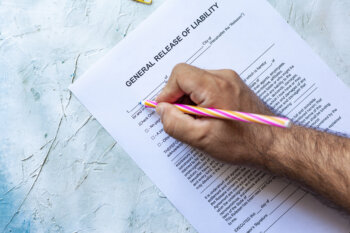 Person's hand filling out a general liability waiver