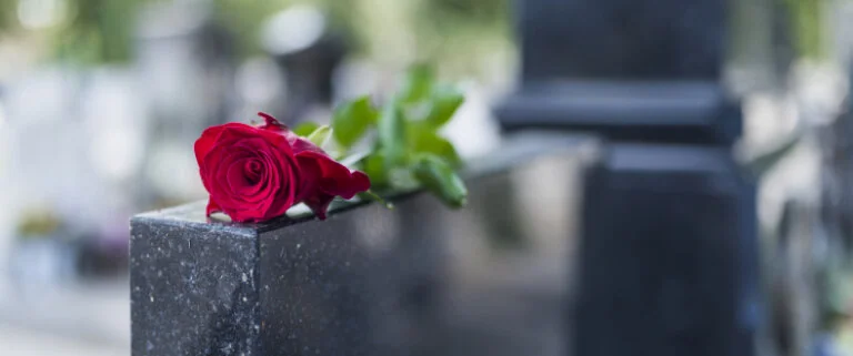 Red rose on top of black marble tombstone